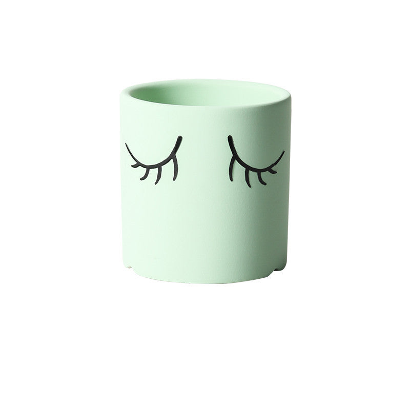 Ceramic Abstract Eyelashes Round Flower Pot Indoor Cactus Succulent Art Flower Pot Light Green 11X11cm