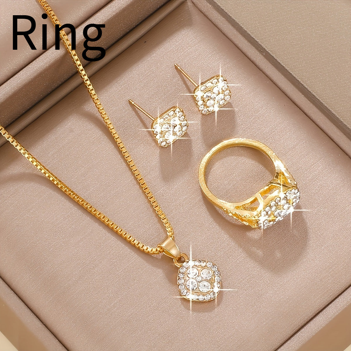 Light Luxury Diamond All-match Necklace Ring Three-piece Earrings Set Ring