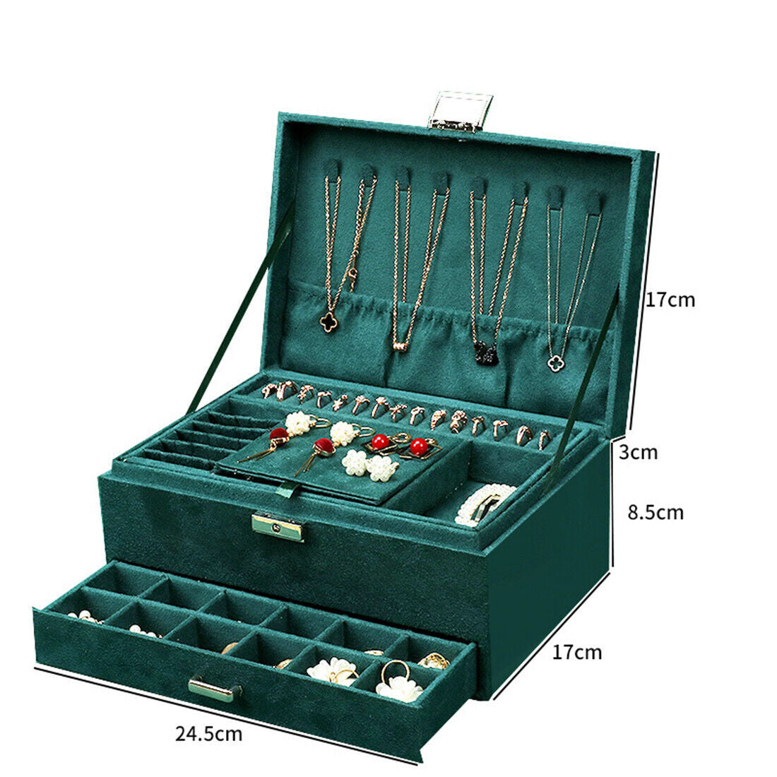 3 Layer Grey Jewellery Box Organizer Rings Necklaces Jewellry Storage Case Box