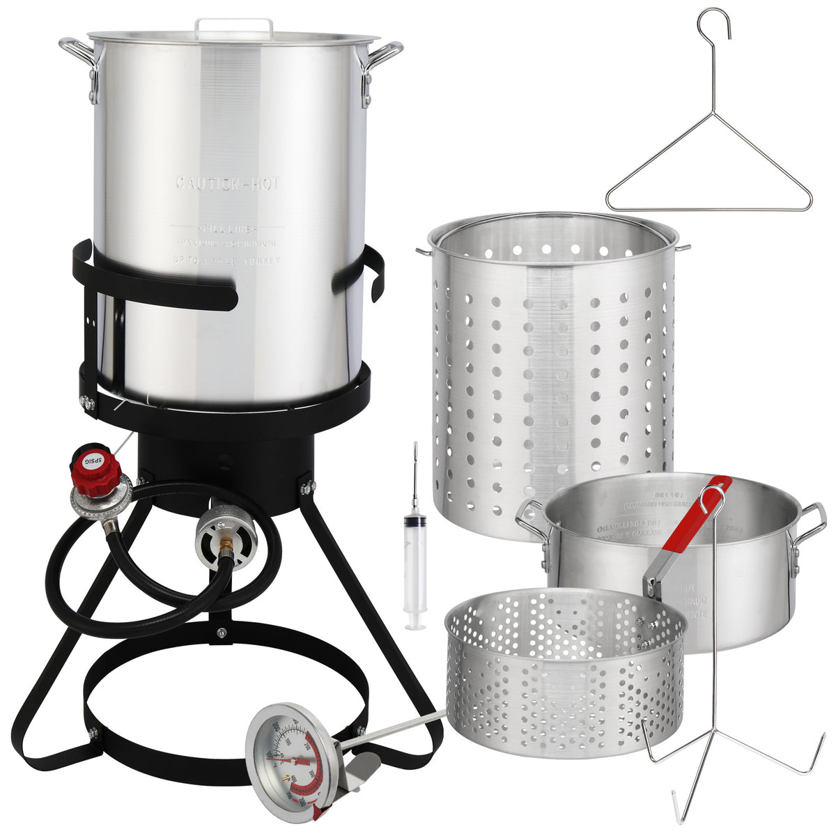 30QT Turkey Pot, 10QT Fish Pot, Four Piece Set, Black Circular Iron Frame, Silver Aluminum Pot, Gas Fryer