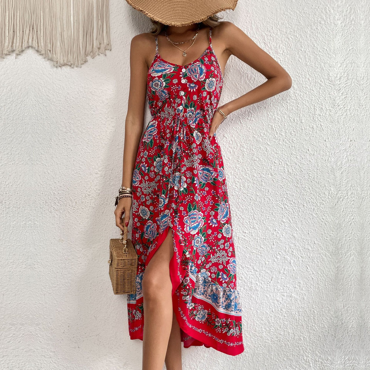 Printed Dress Sling Dress Women Wine Red