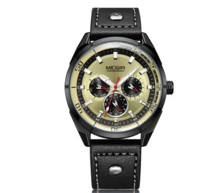 Calendar watch week leather men's watch large dial quartz watch Black