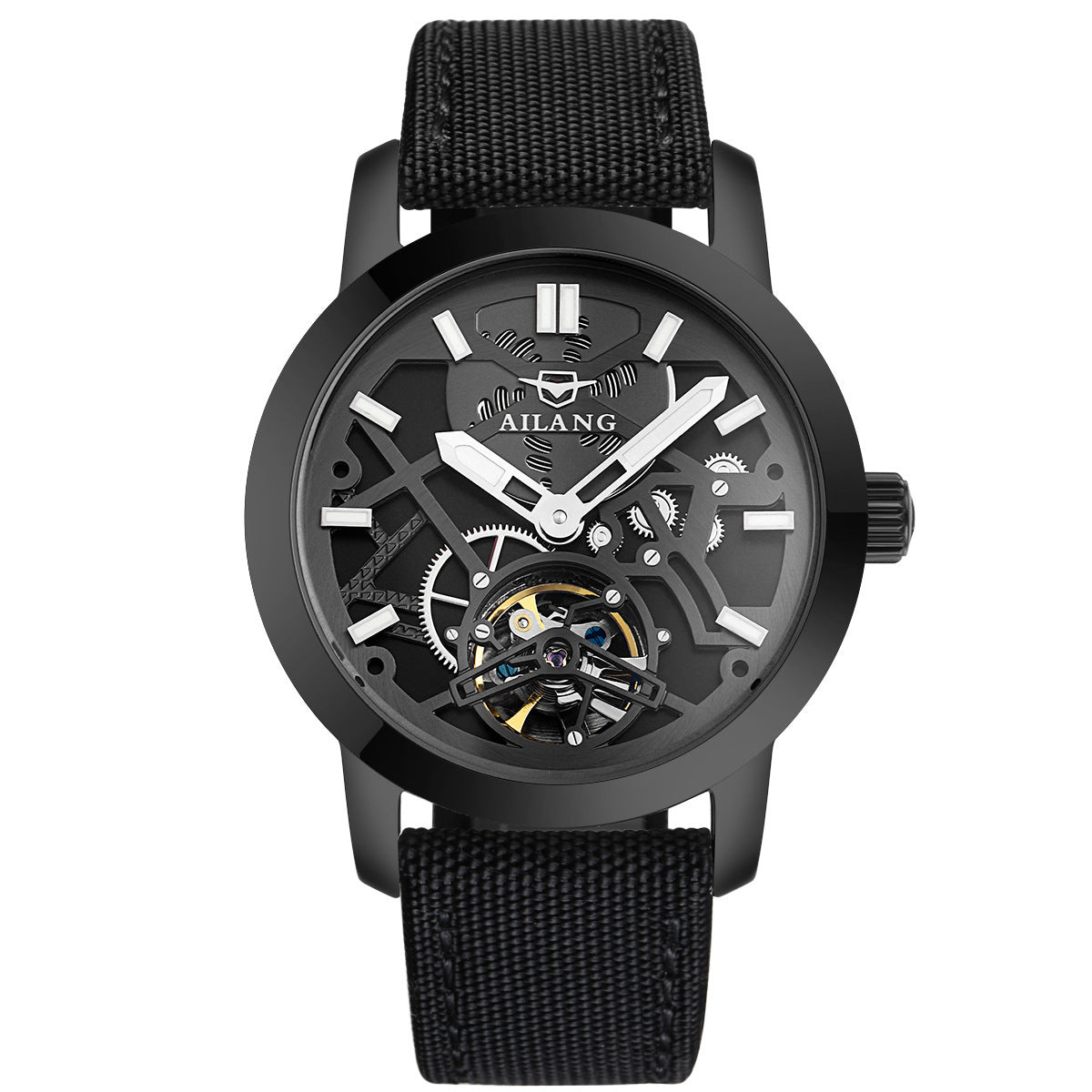 Watch Men's Automatic Mechanical Watch Hollow Flywheel Fashion Men's Watch Black cloth all black