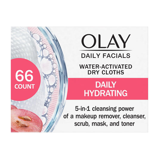 Olay Daily Facials, Daily Clean Makeup Removing Facial Cleansing Wipes, 5-in-1 Water Activated Cloths, Exfoliates, Tones and Hydrates Skin, 66 count