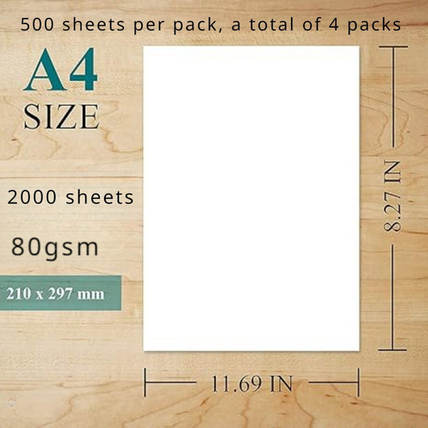 2000 Sheets Of A4 Paper, 80GSM White Paper, Printer Paper, Used For Office Printing, Menus, Images, Invitations, 500 Sheets Per Pack, A Total Of Four Packs, Size8.27 Inches X 11.69 Inches
