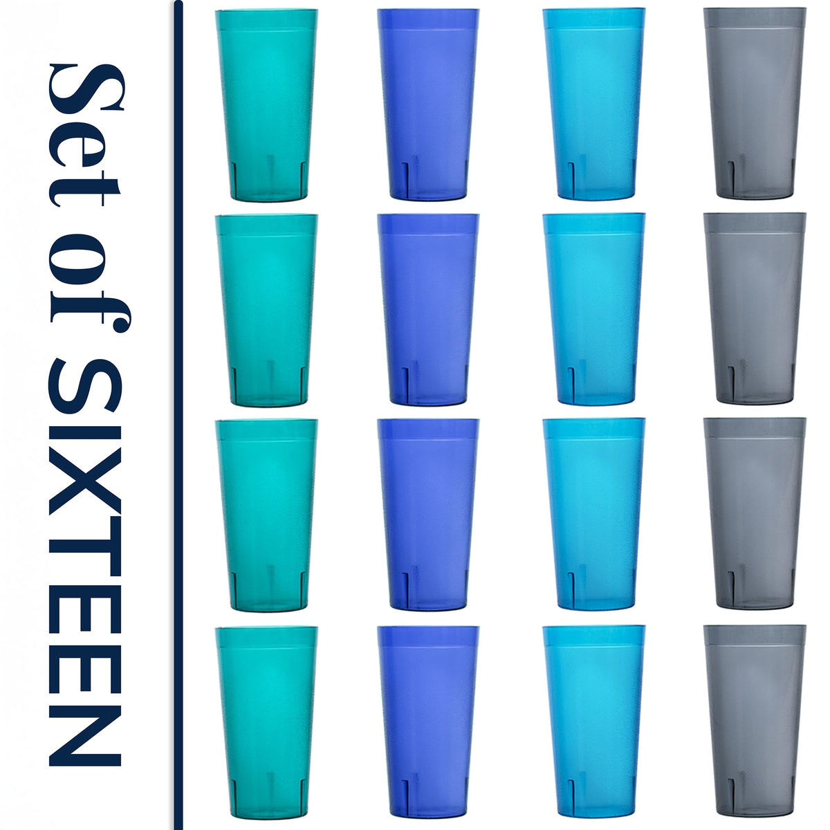 US Acrylic Cafe Plastic Reusable Tumblers (Set of 16) 20-ounce Water Cups Coastal Colors | Restaurant Style Drinking Glasses Value Set, Stackable, BPA-free, Made in the USA | Top-rack Dishwasher Safe