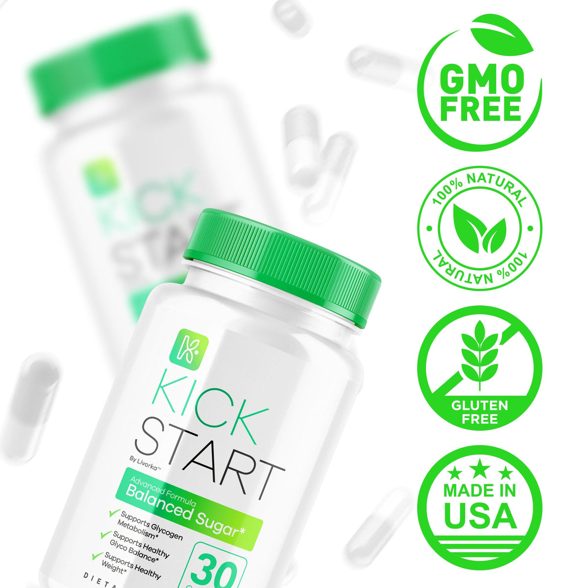 (2 Pack) Kick Start Glyco Optimizer Capsules, Kickstart Glycol Supplement Support Pills Premium - All Natural Advanced Formula, Kickstart Vitamin to Promote Energy & Health, 60 Capsules for 2 Months