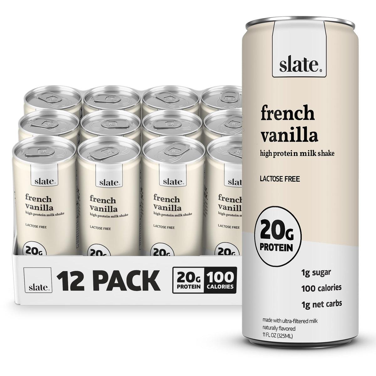 Slate Milk - High Protein Milk Shake - French Vanilla - Lactose Free, 20g Protein, 1g Sugar, 100 Calories, 1g Net Carbs, No Added Sugar - Natural, Breakfast Boost, Post Workout - 11 fl oz, 12 Cans