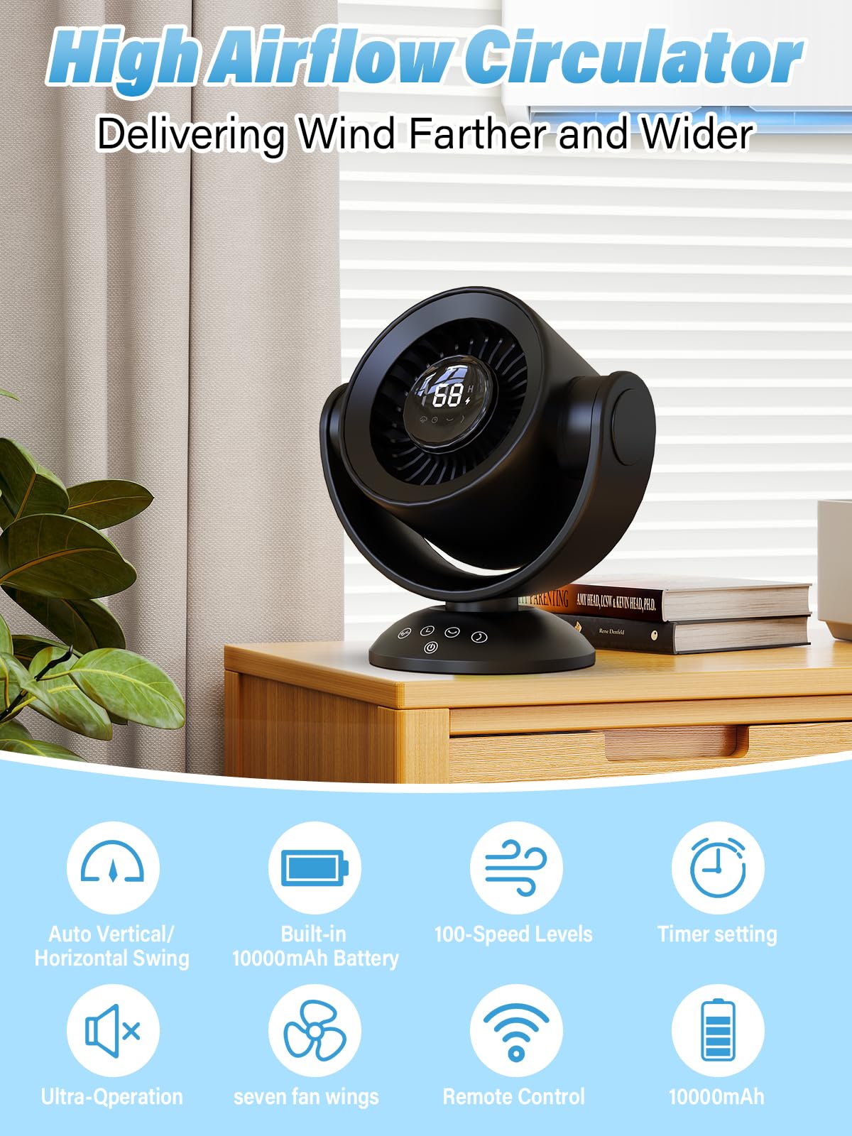 SECHKISS Desk Fans for Bedroom，Air Circulator Fan，90°Vertical +120°Auto Oscillating,100 Speeds, 10H Timer, Quiet Fan,Digital Display Rechargeable USB, with Remote, for Home, Office（Black）