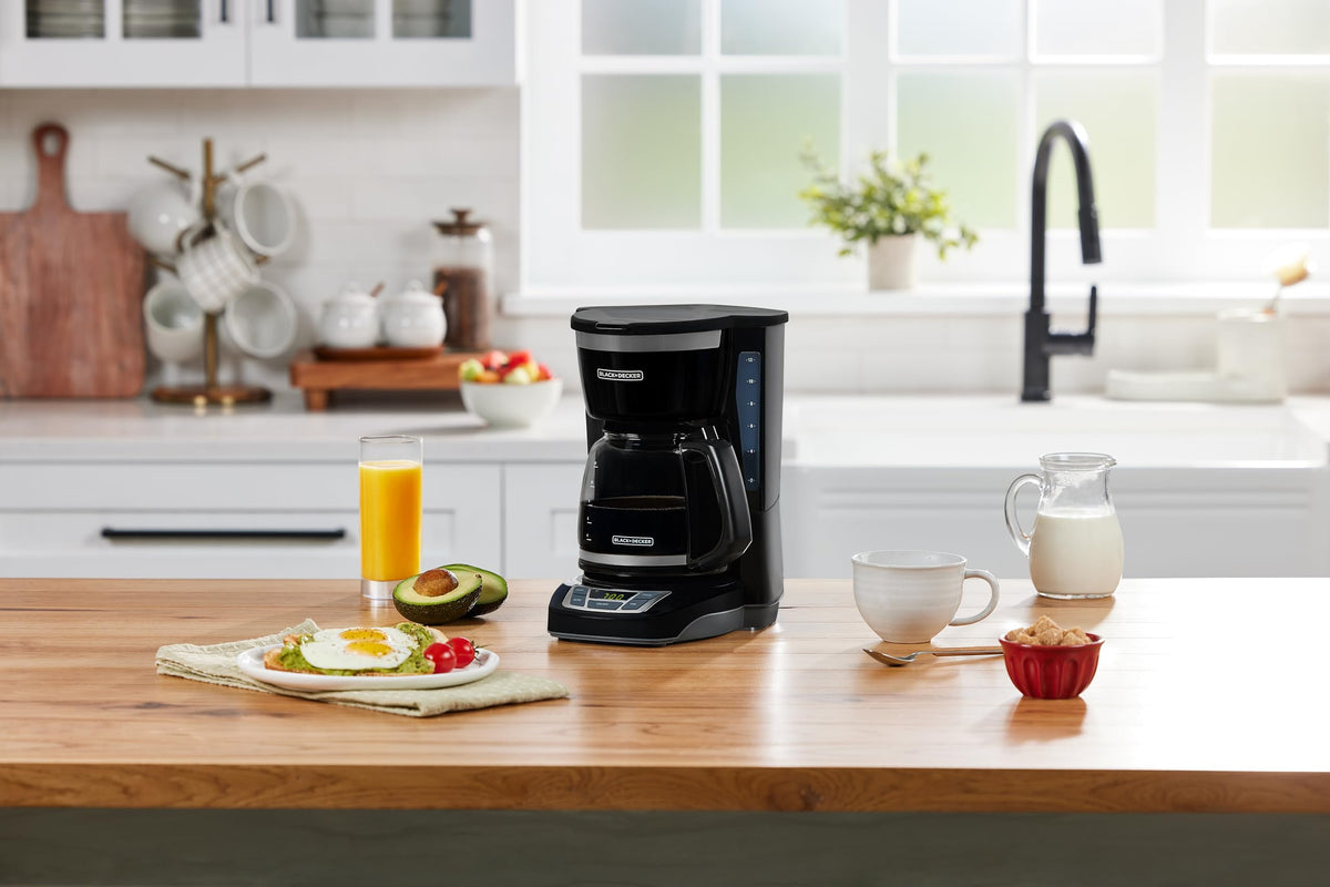BLACK+DECKER 12-Cup Digital Coffee Maker, Programmable, Washable Basket Filter, Sneak-A-Cup, Auto Brew, Water Window, Keep Hot Plate, Black