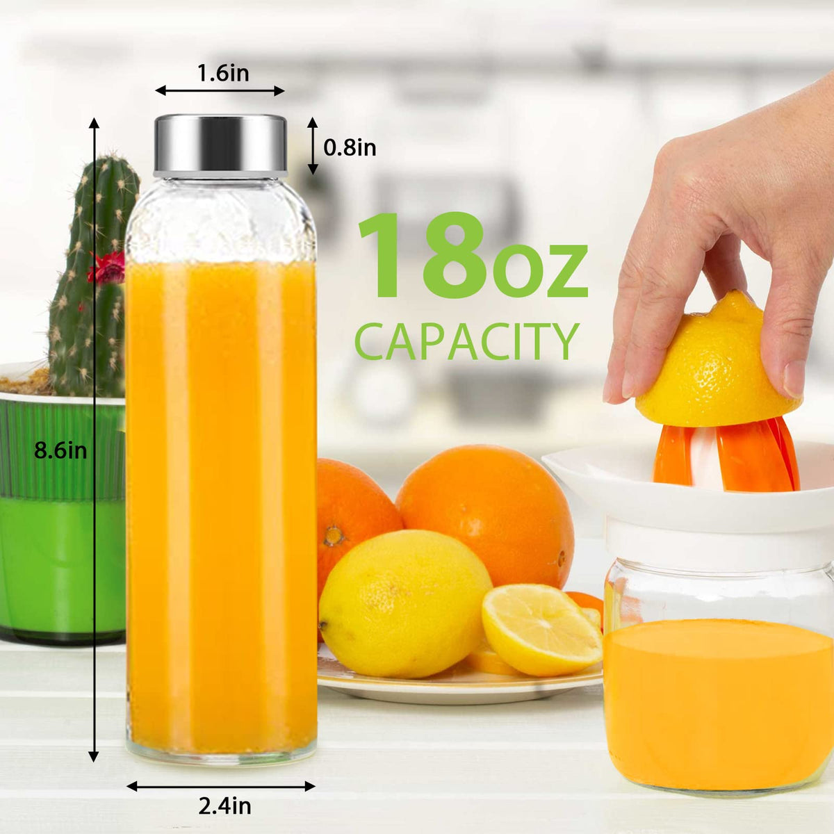 Luxfuel Clear Glass Bottles with Lids 18 oz, Reusable Glass Water Bottles with Stainless Steel Cap for Juicing, Refrigerator,100% Leak Proof, BPA Free, Set of 6