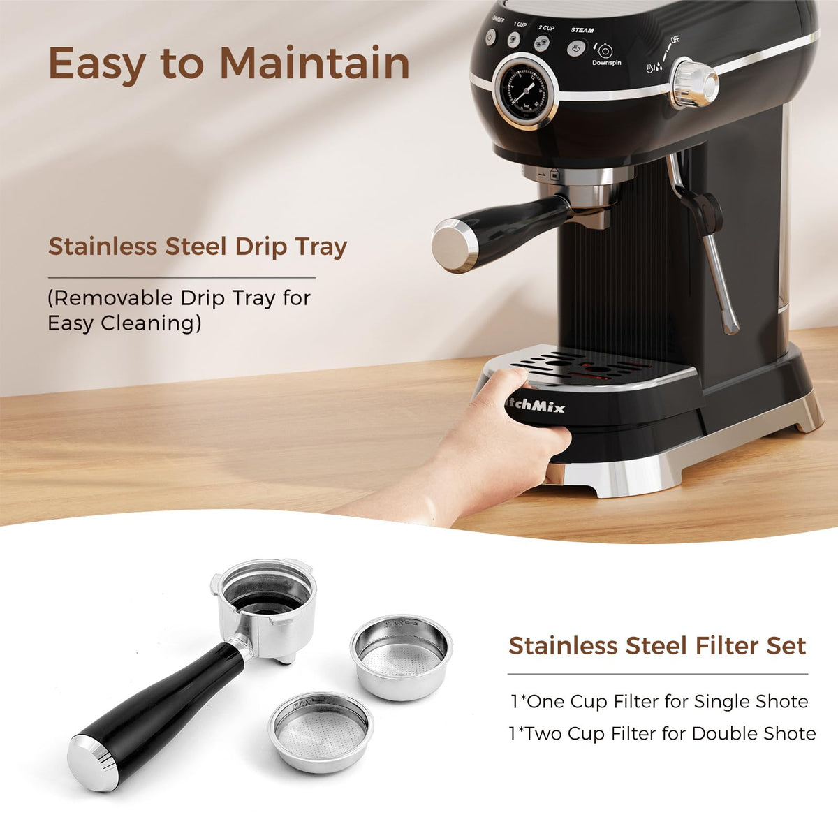 KITCHMIX Espresso Machine with Milk Frother, 20 Bar Espresso Maker for Latte and Cappuccino, Expressions Coffee Machine with Removable Water Tank (Black)