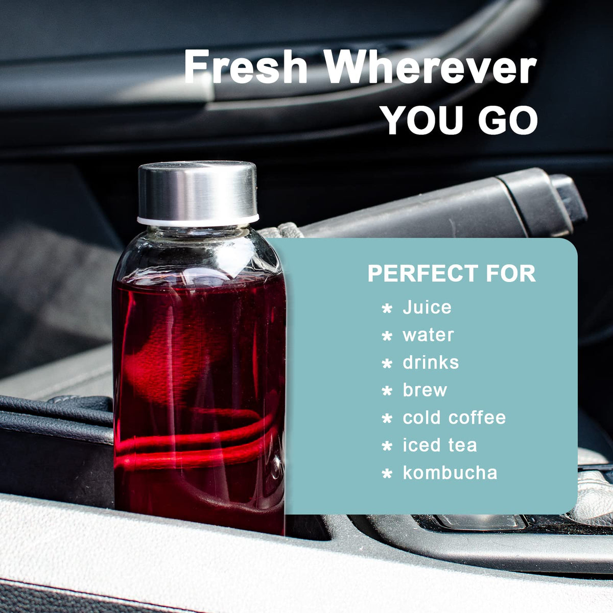 Luxfuel Clear Glass Bottles with Lids 18 oz, Reusable Glass Water Bottles with Stainless Steel Cap for Juicing, Refrigerator,100% Leak Proof, BPA Free, Set of 6