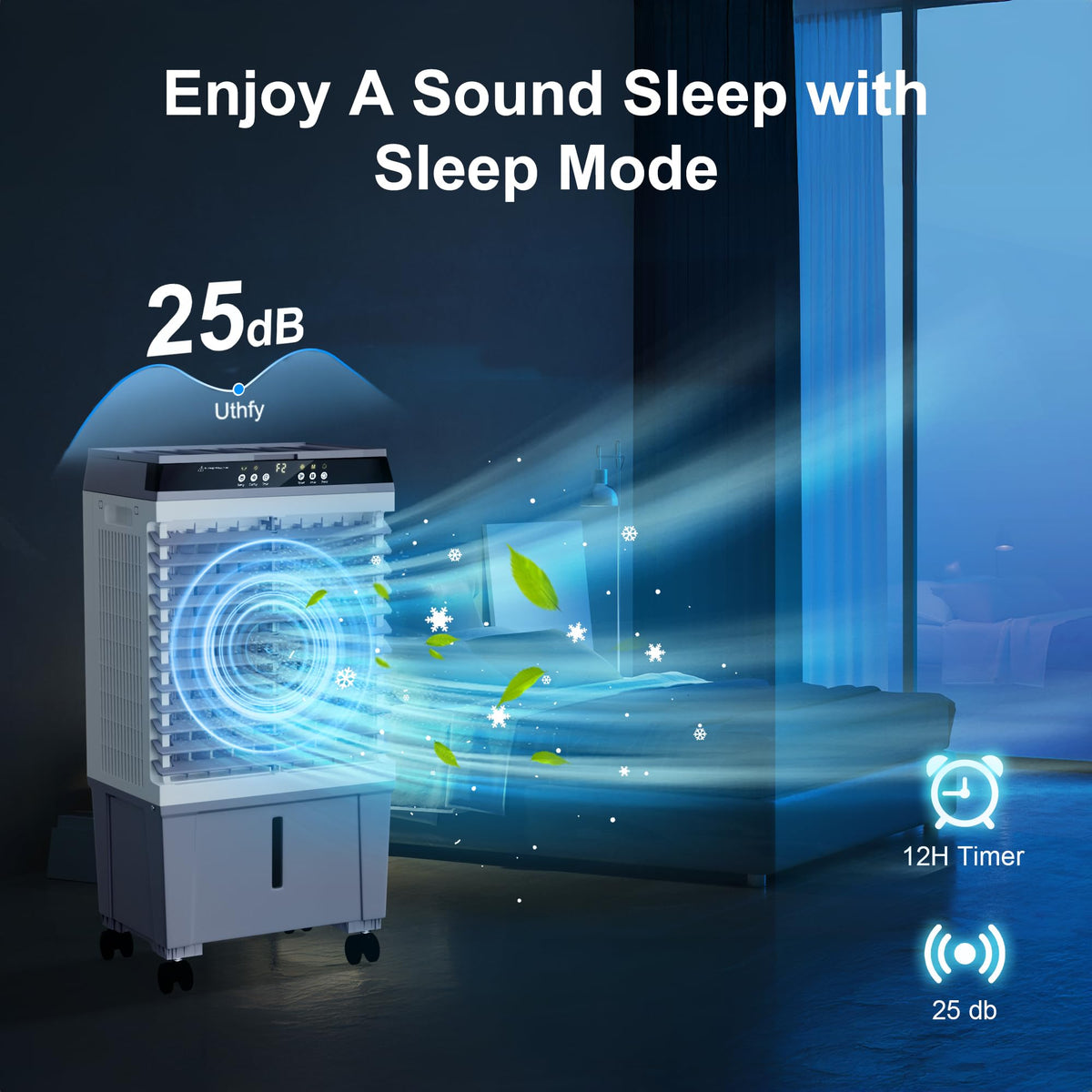 Uthfy Swamp Cooler Air Conditioner, Evaporative Air Cooler with 5.3 Gallon Water Tank, 4 Ice Box, Remote, 12H Timer, 120°Oscillation, Portable Cooling Fan with 3 Speeds for Bedroom Home Office