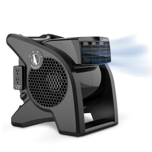 Lasko High Velocity Fan, 15", 375 CFM, Professional Utility Pivoting Blower Fan with 3 Speeds, 2 Accessory Outlets, 120V, Black, Model U15617