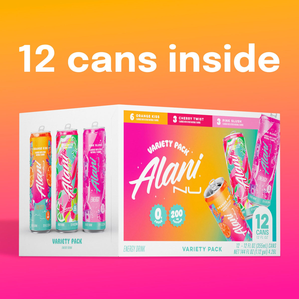 Alani Nu VARIETY PACK CHERRY TWIST, PINK SLUSH, ORANGE KISS Sugar Free, Low Calorie Energy Drinks, 200mg Caffeine, Biotin B Vitamins, Zero Sugar, 10 Calories, 12 Fl Oz Cans, 12 Pack