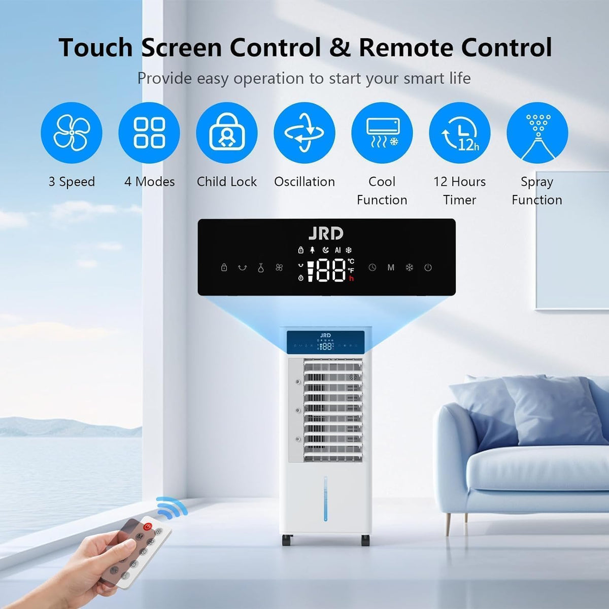 JRD 3-IN-1 Evaporative Air Cooler, 80° Oscillation Air Cooler with 3 Speeds, 4 Modes, 12H Timer, 2.4Gal Tank, Remote, Portable Swamp Cooler for Bedroom Home Office Garage