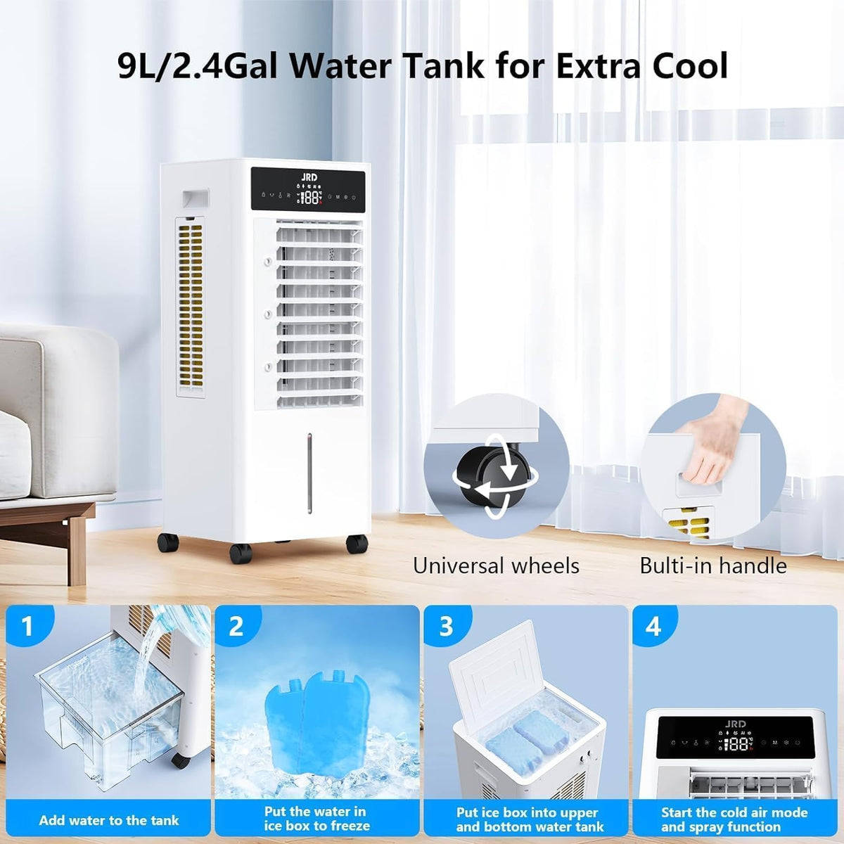 JRD 3-IN-1 Evaporative Air Cooler, 80° Oscillation Air Cooler with 3 Speeds, 4 Modes, 12H Timer, 2.4Gal Tank, Remote, Portable Swamp Cooler for Bedroom Home Office Garage