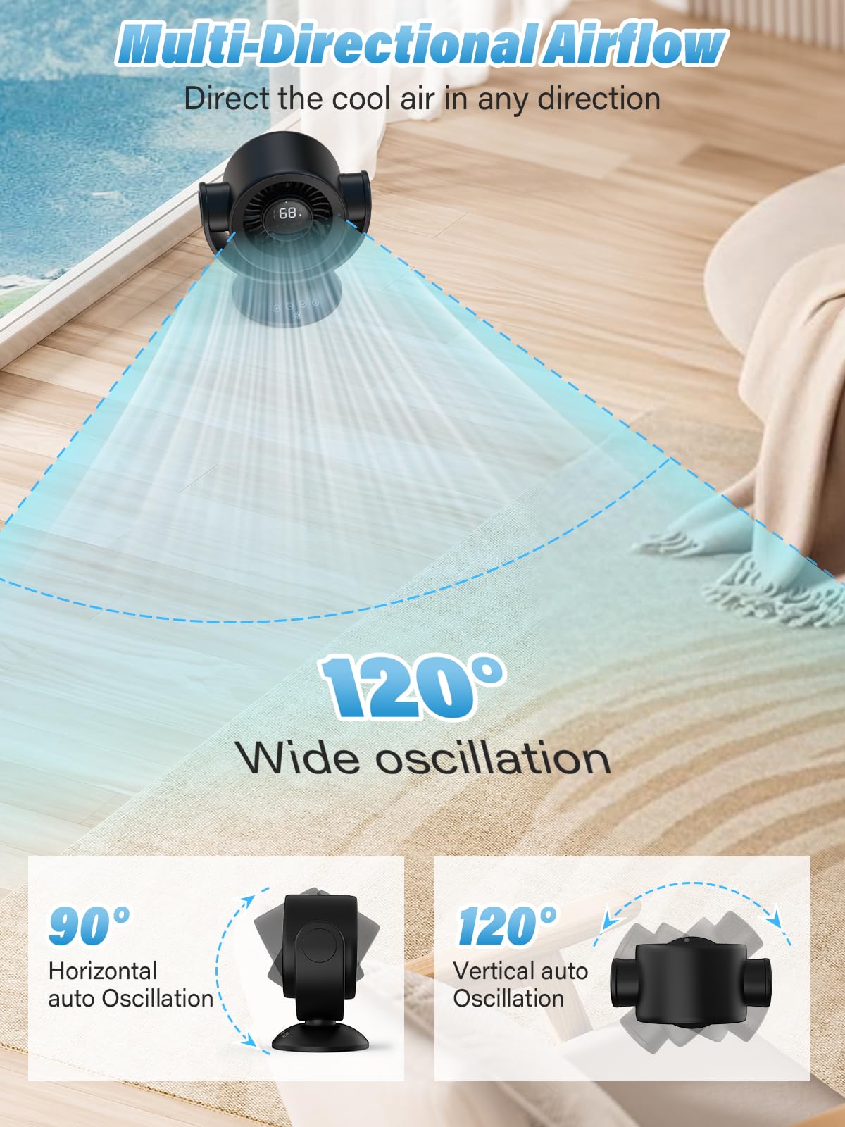 SECHKISS Desk Fans for Bedroom，Air Circulator Fan，90°Vertical +120°Auto Oscillating,100 Speeds, 10H Timer, Quiet Fan,Digital Display Rechargeable USB, with Remote, for Home, Office（Black）
