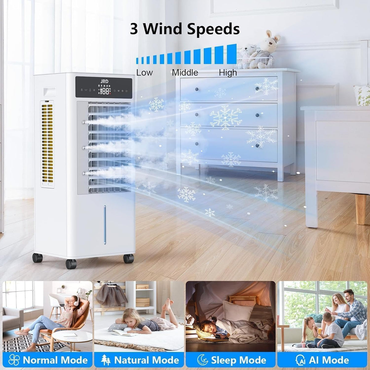 JRD 3-IN-1 Evaporative Air Cooler, 80° Oscillation Air Cooler with 3 Speeds, 4 Modes, 12H Timer, 2.4Gal Tank, Remote, Portable Swamp Cooler for Bedroom Home Office Garage
