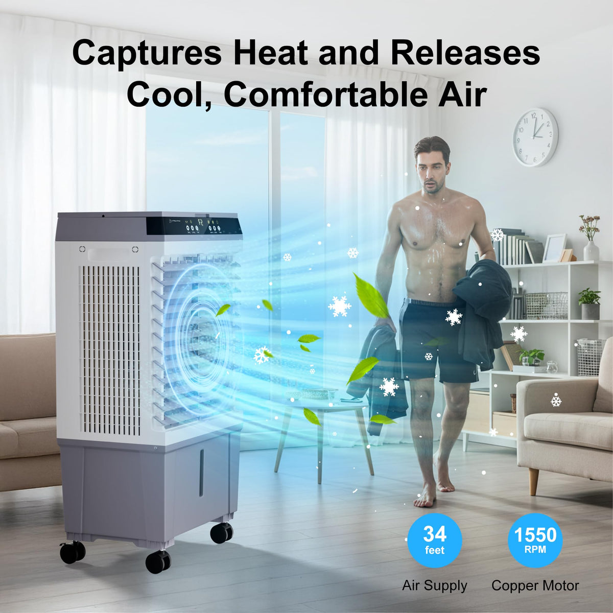 Uthfy Swamp Cooler Air Conditioner, Evaporative Air Cooler with 5.3 Gallon Water Tank, 4 Ice Box, Remote, 12H Timer, 120°Oscillation, Portable Cooling Fan with 3 Speeds for Bedroom Home Office