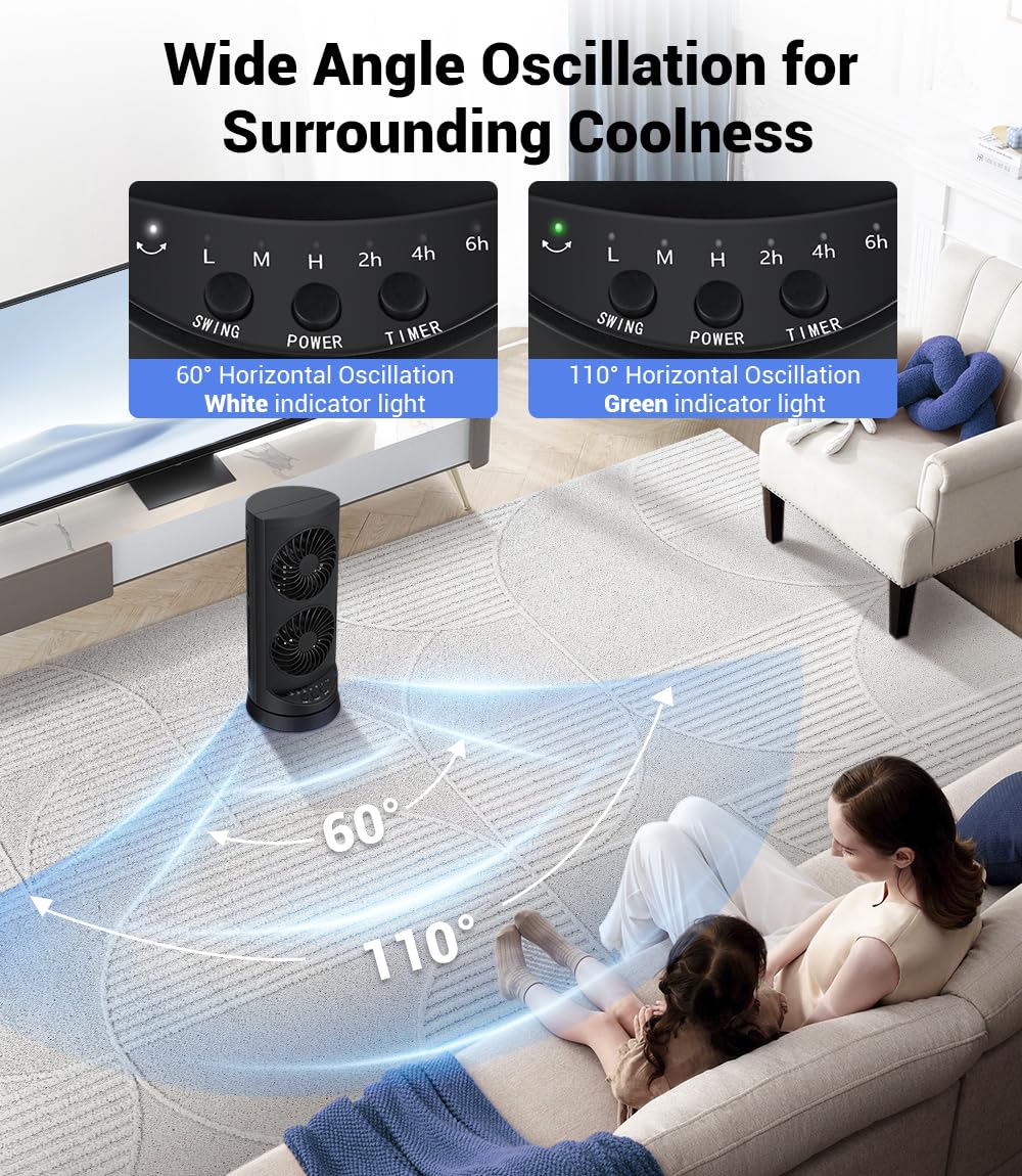 Personal Tower Cooling Fans that Blow Cold Air, Standing Small Desk Fan with 3 Speeds & Timer, 60° & 110° Oscillating Table Fan, Quiet and Safe Electric Floor Fan for Bedroom, Bedside, Home, Office