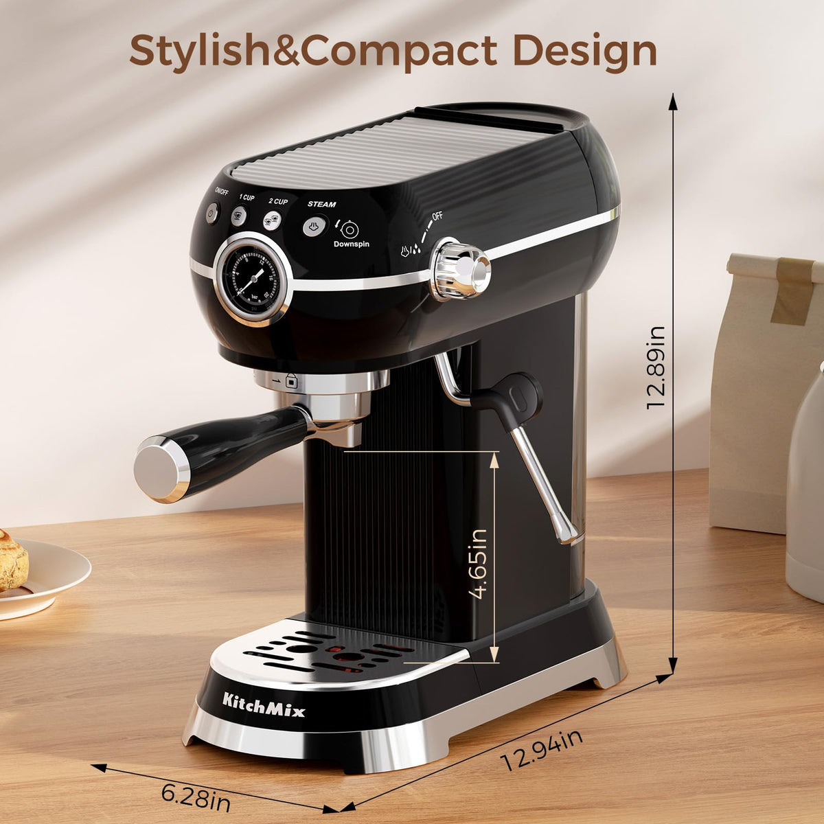 KITCHMIX Espresso Machine with Milk Frother, 20 Bar Espresso Maker for Latte and Cappuccino, Expressions Coffee Machine with Removable Water Tank (Black)