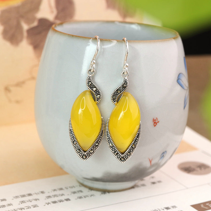 Women's S925 Thai Silver Chalcedony Agate Earrings Yellow Agate Style 925 Silver