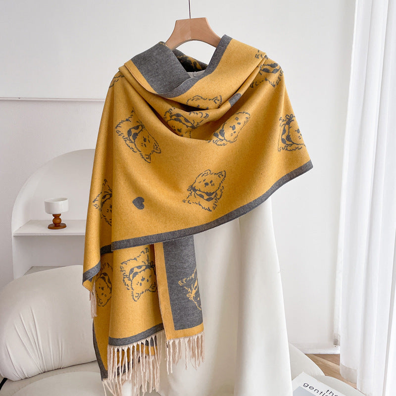 Warm Scarf Fashionable Outerwear Sweet Cute Double-sided Shawl Puppy Yellow Gray