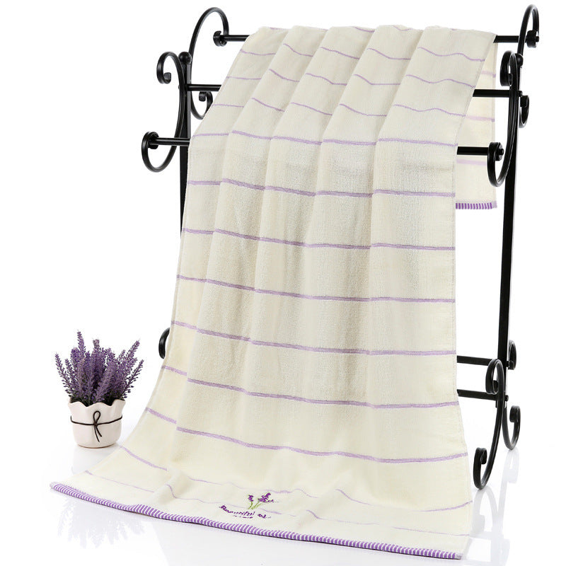 Lavender Soft Absorbent Embroidered Striped Bath Towel White