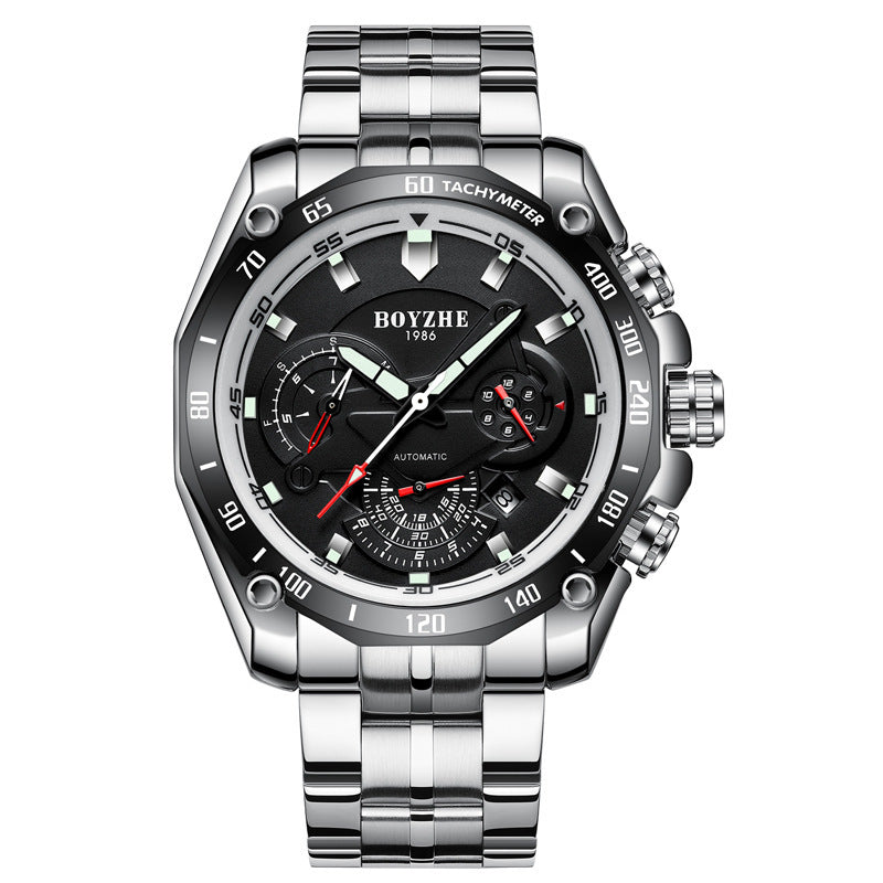 Men's Watch Automatic Mechanical Watch Multifunctional Silver Case Black Noodles