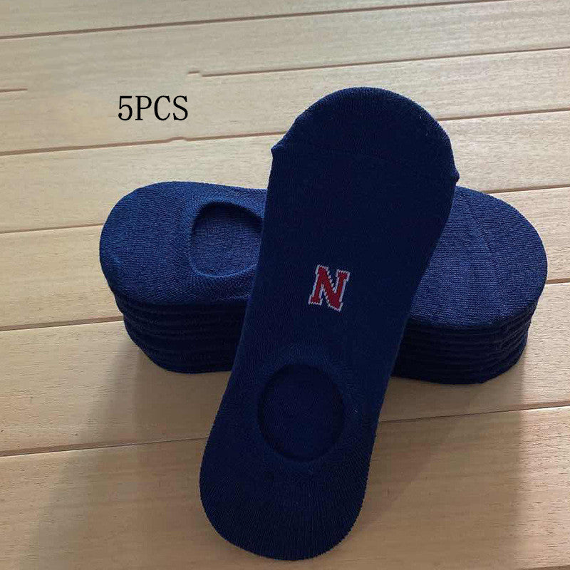Socks Men And Women Solid Color Boat Socks Spring Invisible Socks Socks Socks Net Red Men'S Socks Navy Blue 5PCS