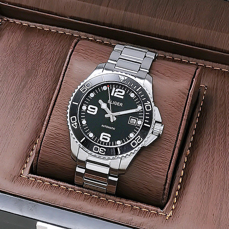 Automatic mechanical watch waterproof watch Black circle silver