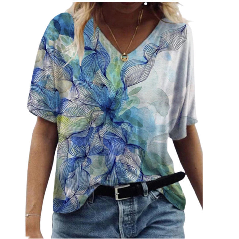 Butterfly Print Short Sleeve V-neck Ladies Loose A7