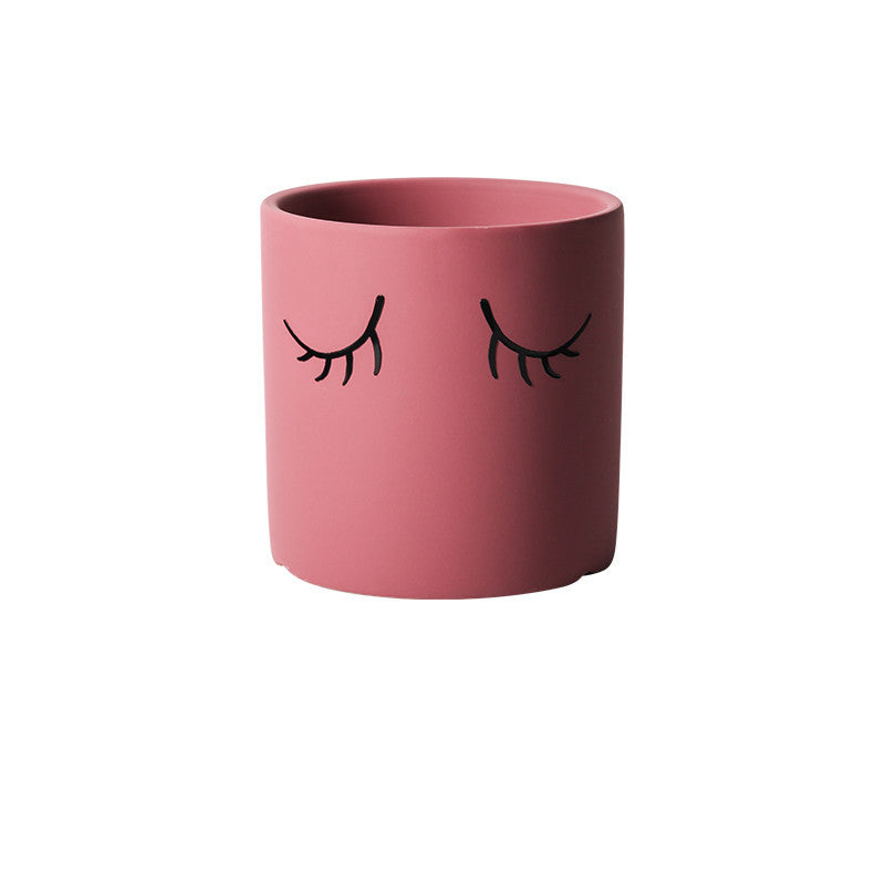Ceramic Abstract Eyelashes Round Flower Pot Indoor Cactus Succulent Art Flower Pot Dark red 11X11cm