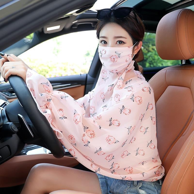 Women's Minimalist Face Mask And Neck Protection Integrated Sunscreen Clothing Pink Roses