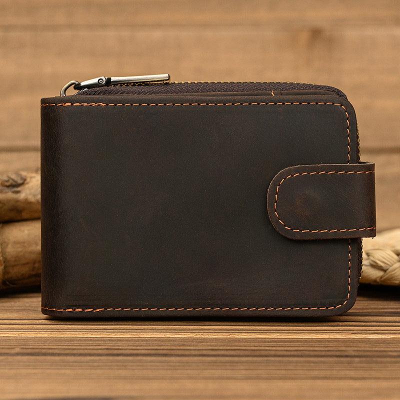 Men's Short Crazy Horse Leather Zipper Wallet 0036 Dark Brown