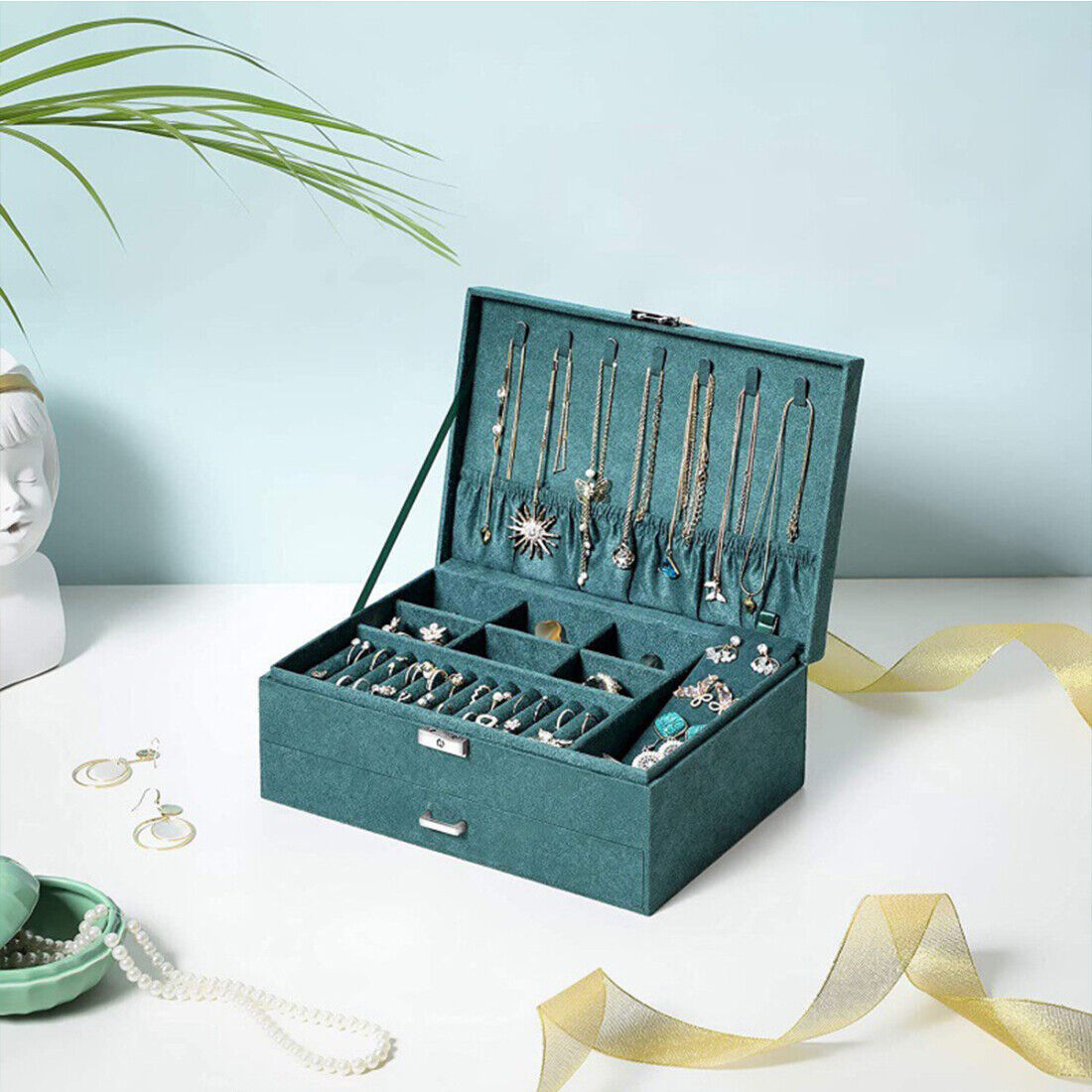 3 Layer Grey Jewellery Box Organizer Rings Necklaces Jewellry Storage Case Box