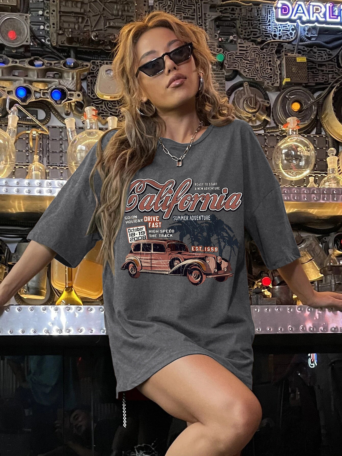 Printed T-shirt Simple Round Neck Short Sleeve Ladies Gray
