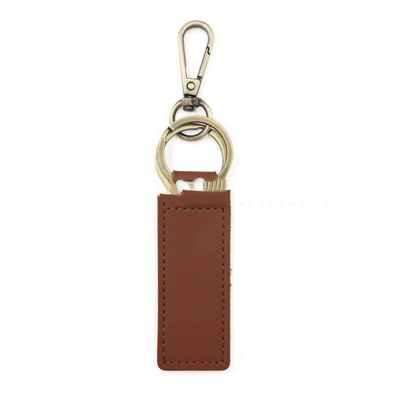 Solid Color Leather Double Ring Keychain Laser Engraving Dark Brown