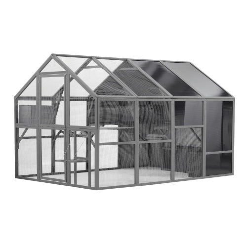 Luxury Cat Cage Outdoor Wooden Cat Fence Patio Large Cat Running House Grey