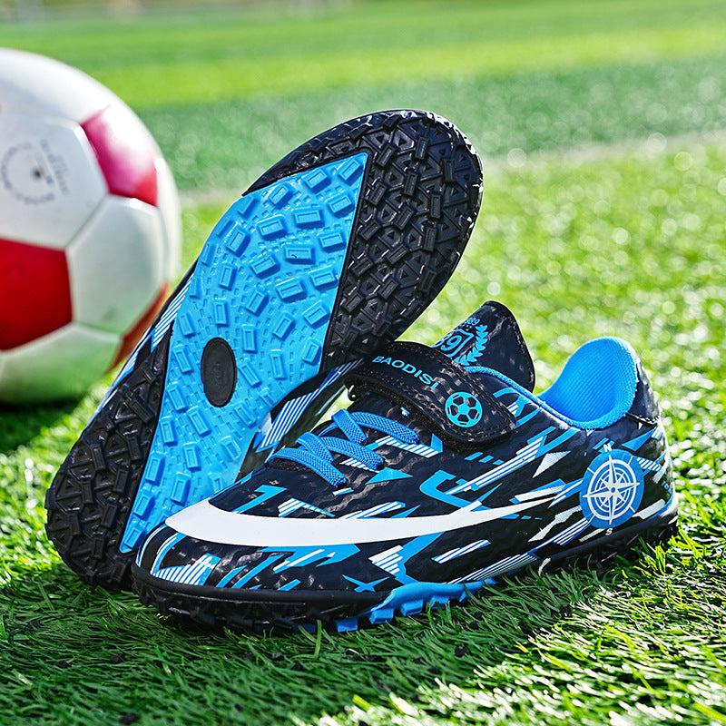 Children's Football Shoes Velcro Spike Sports Black And Blue Broken Nails