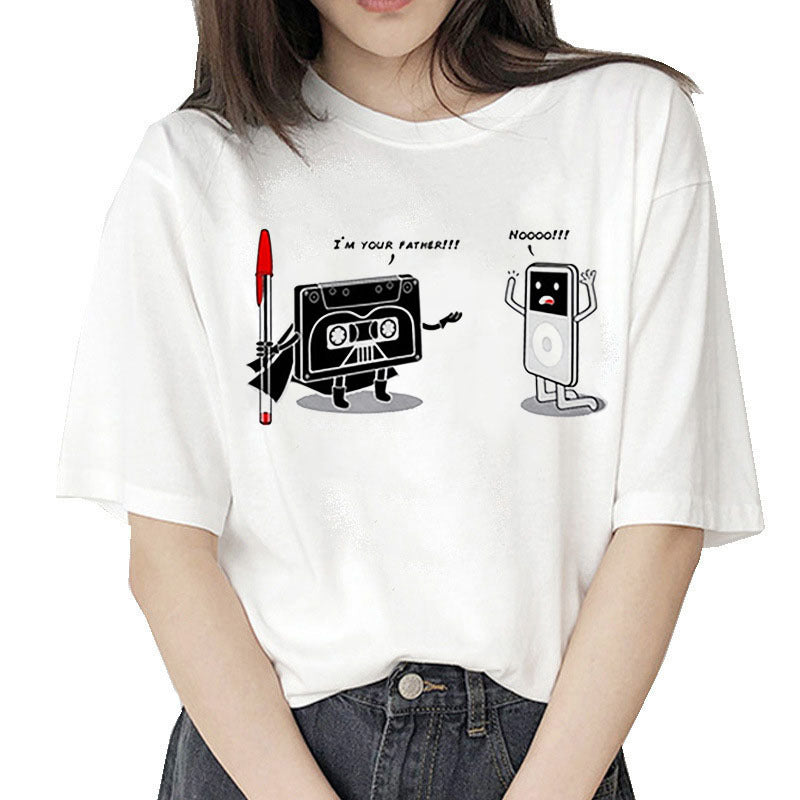 Tape MP3 Printed Short Sleeve Ladies White T-shirt White