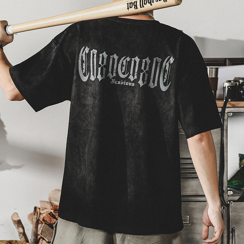Retro Washed T-shirt Heavy Short-sleeved Shirt Men Charcoal Black