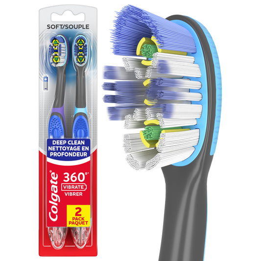 Colgate 360 Vibrate Deep Clean Battery Operated Toothbrush Pack, Disposable Electric Toothbrush with 1 AAA Battery Included, Whole Mouth Clean, 2 Pack