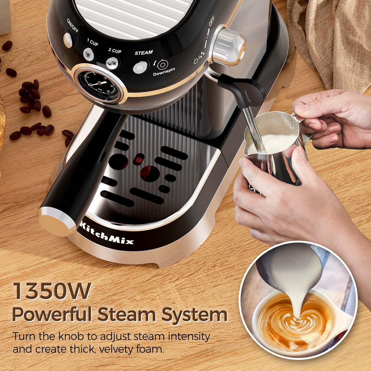 KITCHMIX Espresso Machine with Milk Frother, 20 Bar Espresso Maker for Latte and Cappuccino, Expressions Coffee Machine with Removable Water Tank (Black)