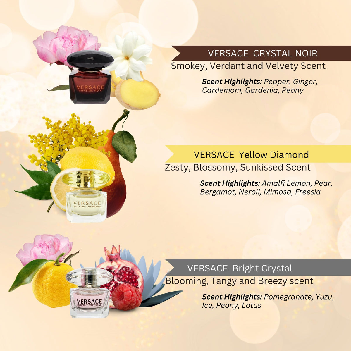 Versace Perfume for Women Variety 3-Piece Mini Gift Set – Yellow Diamond, Crystal Noir, Bright Crystal