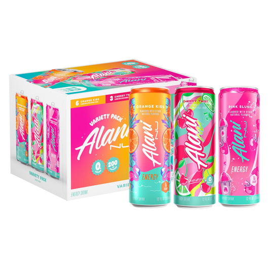 Alani Nu VARIETY PACK CHERRY TWIST, PINK SLUSH, ORANGE KISS Sugar Free, Low Calorie Energy Drinks, 200mg Caffeine, Biotin B Vitamins, Zero Sugar, 10 Calories, 12 Fl Oz Cans, 12 Pack