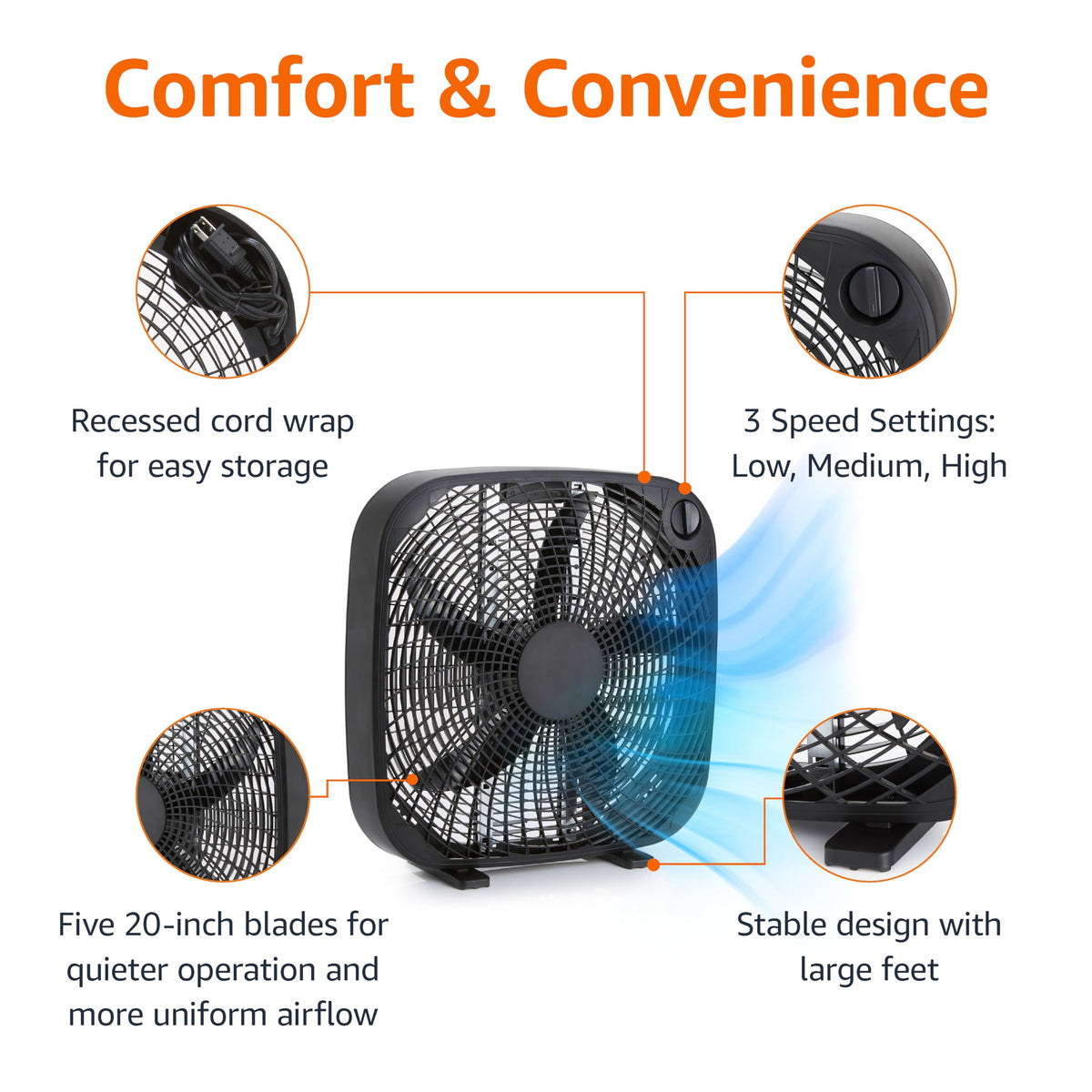 Amazon Basics 3 Speed Box Fan, Indoor Electric Fan for Home Cooling, 5 Blades, Lightweight Design, 67 Watts, 20-Inch, Black, 6.8"D x 20.86"W x 21.33"H