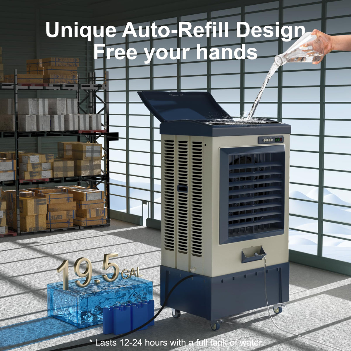 AKIRES 6500CFM Swamp Cooler,Evaporative Air Cooler for 1600Sq.ft of Space,with Continuous Auto Fill,19.5-Gal Water Tank,120°Oscillation,5 Ice Packs,Cooling Fans for Outdoor,Indoor,Garage(49IN)